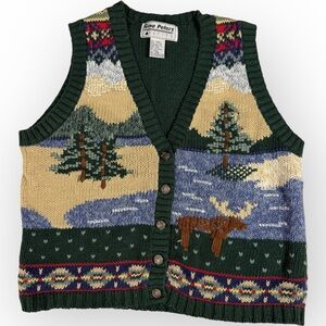 Vtg Women's Green Patterned Cardigan Vest‎ woods Moose Petite Medium